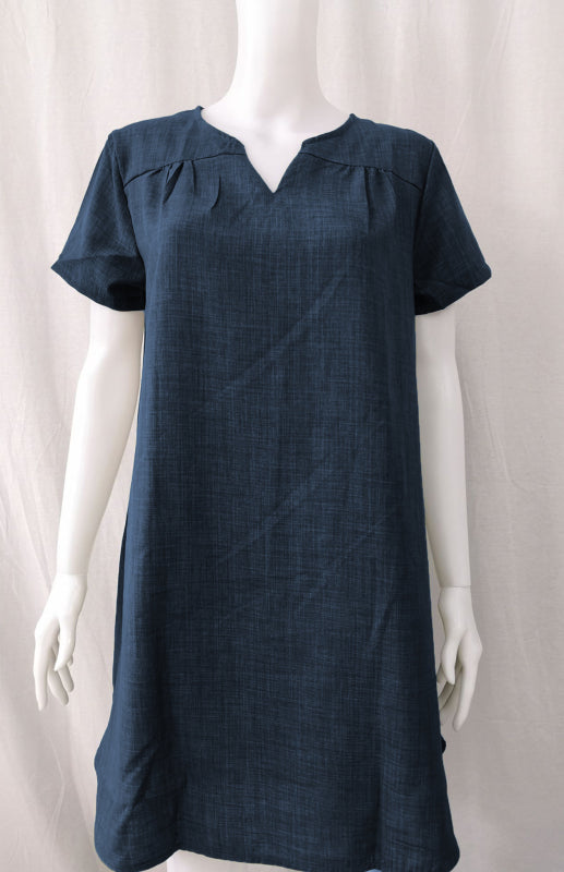 V-Neck Rolled Short Sleeve Gathered Curved Linen Dress Shello's Creative Boutique