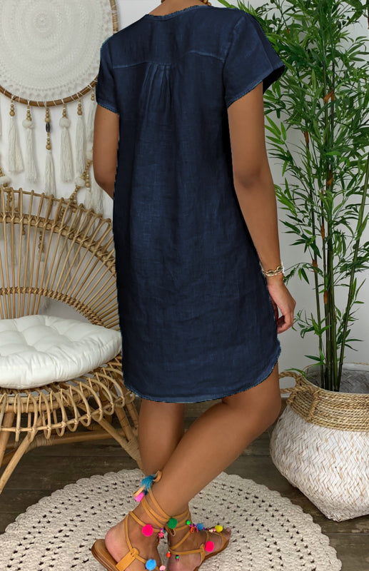 V-Neck Rolled Short Sleeve Gathered Curved Linen Dress Shello's Creative Boutique