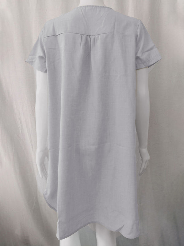 V-Neck Rolled Short Sleeve Gathered Curved Linen Dress Shello's Creative Boutique
