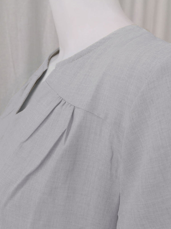 V-Neck Rolled Short Sleeve Gathered Curved Linen Dress Shello's Creative Boutique