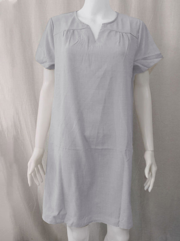 V-Neck Rolled Short Sleeve Gathered Curved Linen Dress Shello's Creative Boutique
