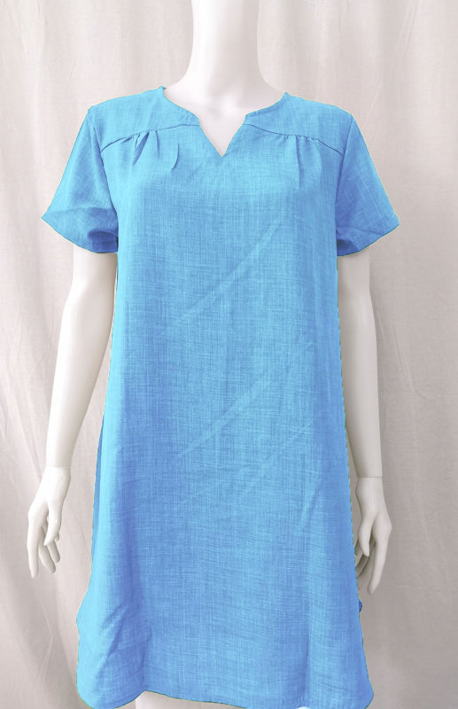 V-Neck Rolled Short Sleeve Gathered Curved Linen Dress Shello's Creative Boutique