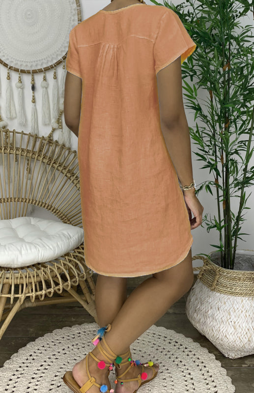 V-Neck Rolled Short Sleeve Gathered Curved Linen Dress Shello's Creative Boutique