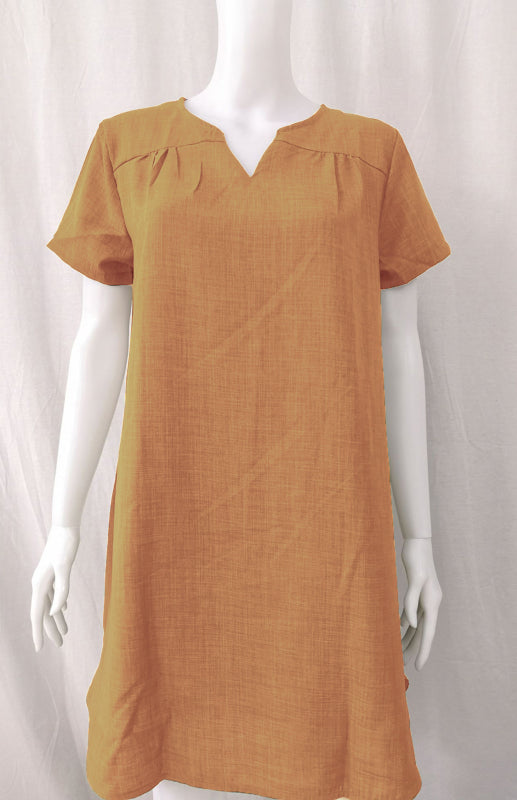 V-Neck Rolled Short Sleeve Gathered Curved Linen Dress Shello's Creative Boutique