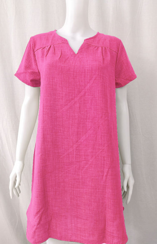V-Neck Rolled Short Sleeve Gathered Curved Linen Dress Shello's Creative Boutique