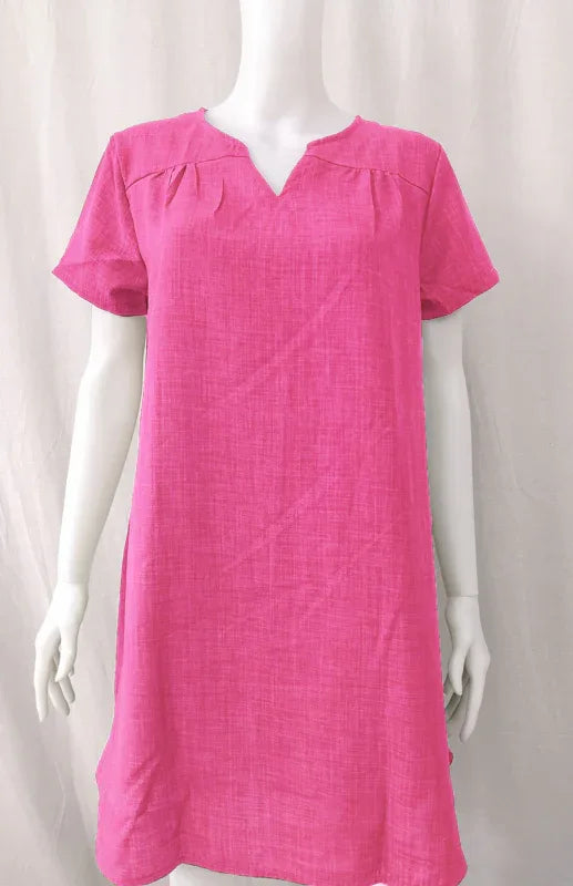 V-Neck Rolled Short Sleeve Gathered Curved Linen Dress – Effortless Chic for Every Occasion - Shello's Creative Boutique