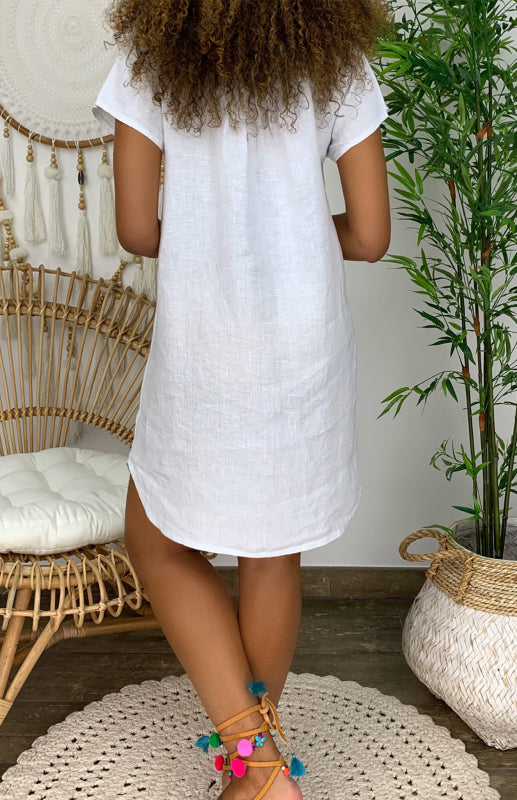 V-Neck Rolled Short Sleeve Gathered Curved Linen Dress Shello's Creative Boutique