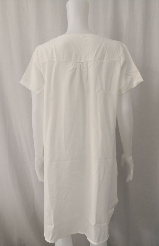 V-Neck Rolled Short Sleeve Gathered Curved Linen Dress Shello's Creative Boutique