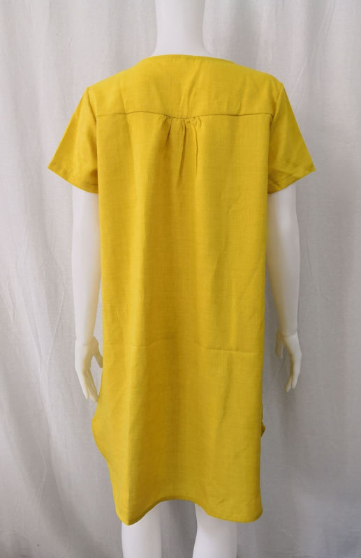 V-Neck Rolled Short Sleeve Gathered Curved Linen Dress Shello's Creative Boutique