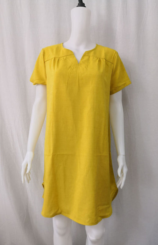 V-Neck Rolled Short Sleeve Gathered Curved Linen Dress Shello's Creative Boutique