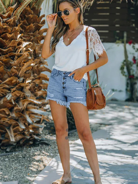 Women's Shorts Mid Waist Buttoned Jeans Washed Ripped Denim Shorts - Shello's Creative Boutique