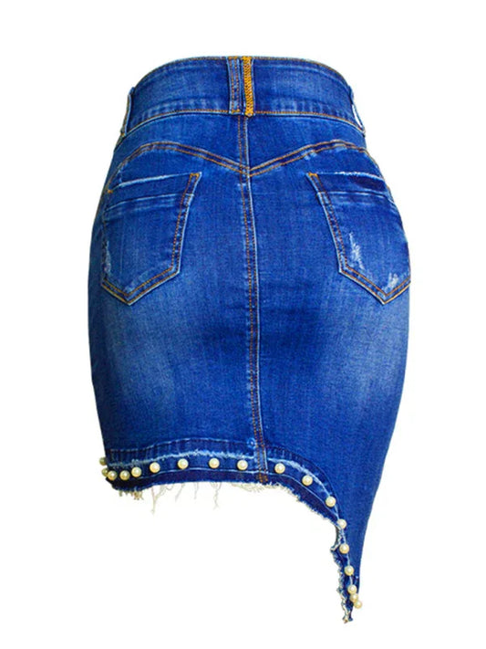 Women's Irregular Beaded Pearl Denim Midi Skirt - Shello's Creative Boutique