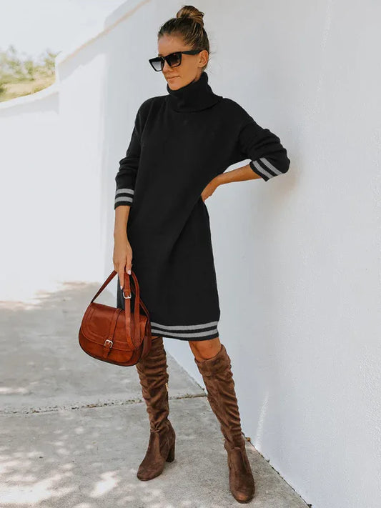 Women's Knitted Dress - High Neck Long Sleeve Skirt Style - Shello's Creative Boutique