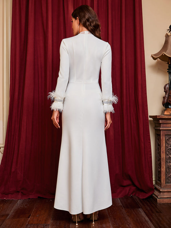 Woman'S New Sexy Hot Drill Deep V Slit Feather Dress Shello's Creative Boutique