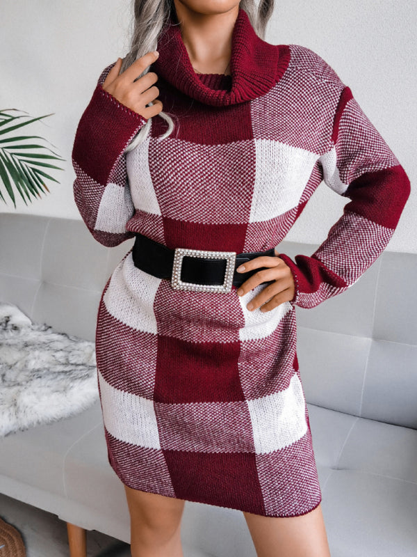 Women's casual Plaid high collar wool dress knitted dress Shello's Creative Boutique