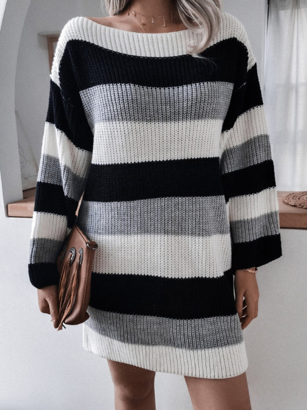 Women's straight neck off shoulder loose contrast striped knitted wool dress Shello's Creative Boutique