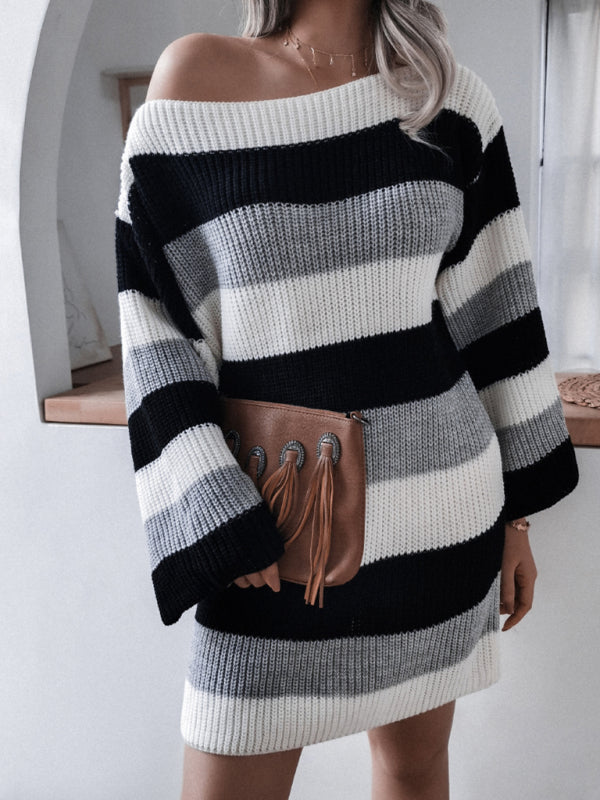 Women's straight neck off shoulder loose contrast striped knitted wool dress Shello's Creative Boutique