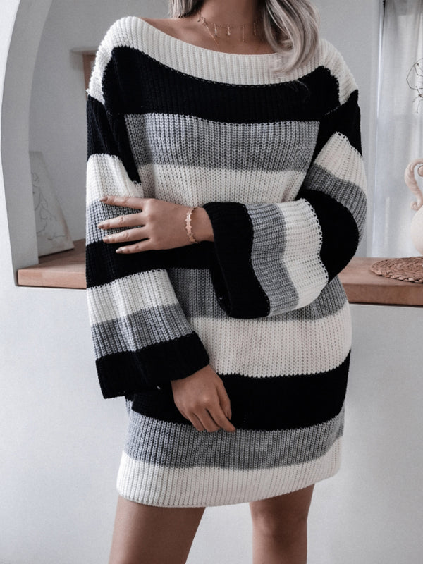 Women's straight neck off shoulder loose contrast striped knitted wool dress Shello's Creative Boutique