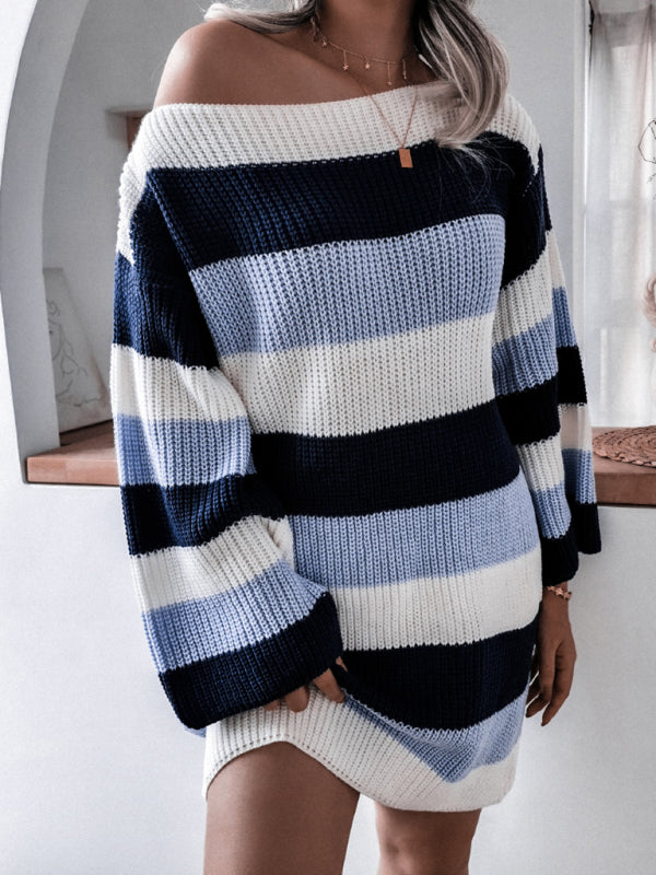 Women's straight neck off shoulder loose contrast striped knitted wool dress Shello's Creative Boutique