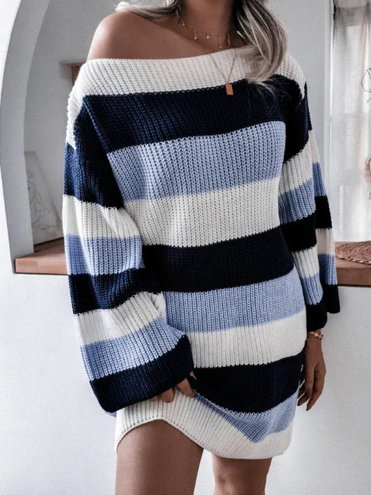 Women's Off Shoulder Knitted Wool Dress with Contrast Stripes - Shello's Creative Boutique
