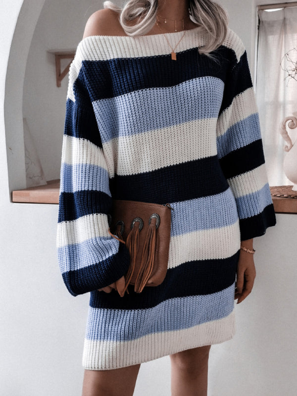 Women's straight neck off shoulder loose contrast striped knitted wool dress Shello's Creative Boutique