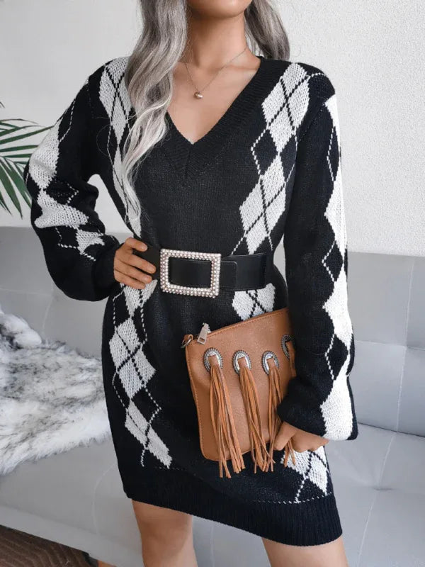 Ladies Knitted Sweater Dress - Rhombus Pattern Knitted Dress (Without Belt) - Shello's Creative Boutique