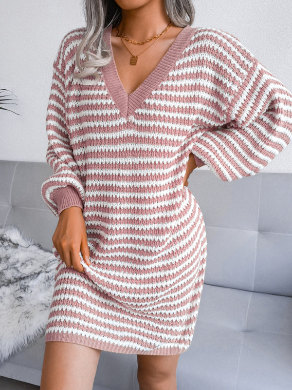 Women's striped hollow wool dress knitted dress Shello's Creative Boutique