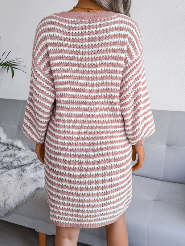 Women's striped hollow wool dress knitted dress Shello's Creative Boutique