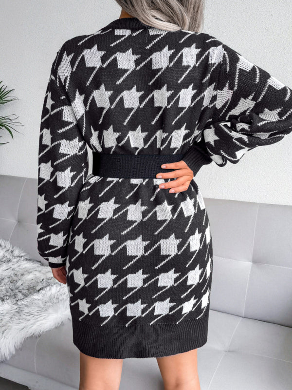 Women's leisure Lantern Sleeve thousand bird lattice knitted wool dress Shello's Creative Boutique