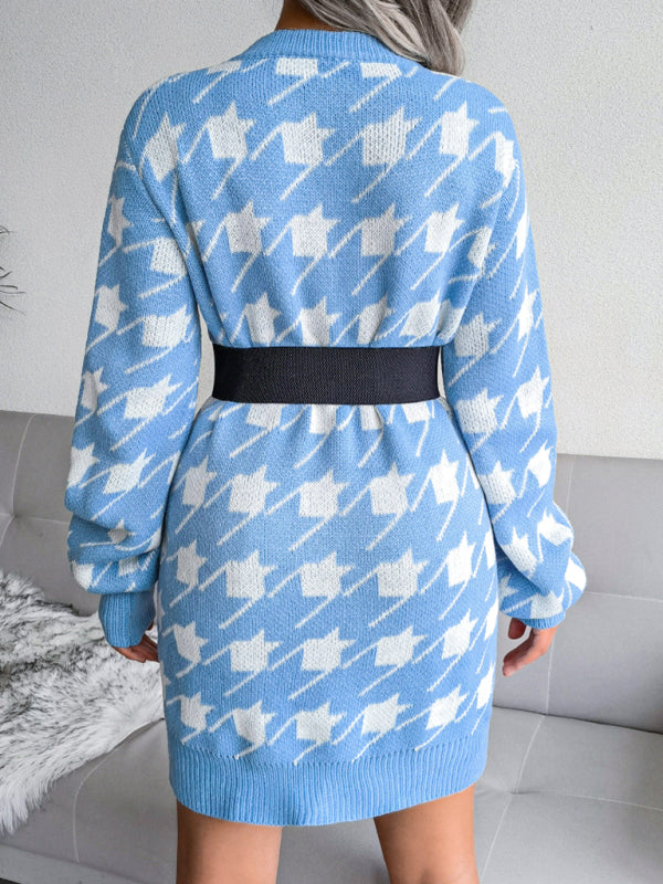 Women's leisure Lantern Sleeve thousand bird lattice knitted wool dress Shello's Creative Boutique