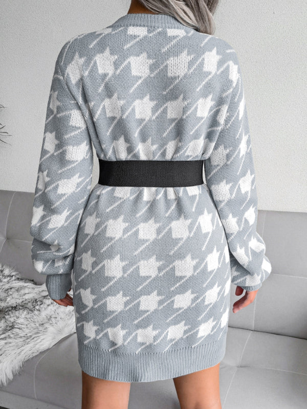 Women's leisure Lantern Sleeve thousand bird lattice knitted wool dress Shello's Creative Boutique