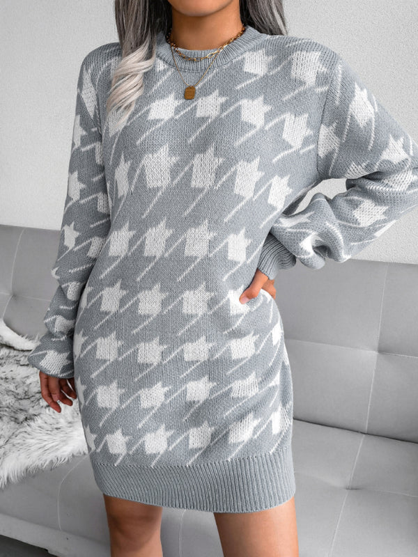 Women's leisure Lantern Sleeve thousand bird lattice knitted wool dress Shello's Creative Boutique