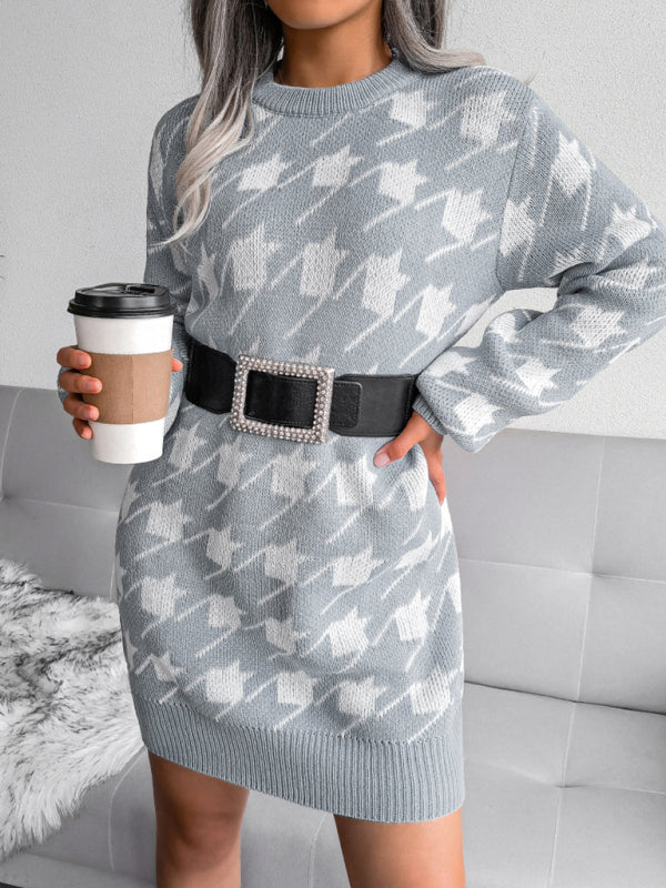 Women's leisure Lantern Sleeve thousand bird lattice knitted wool dress Shello's Creative Boutique