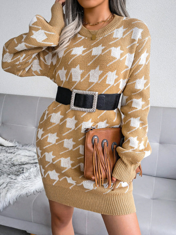 Women's leisure Lantern Sleeve thousand bird lattice knitted wool dress Shello's Creative Boutique