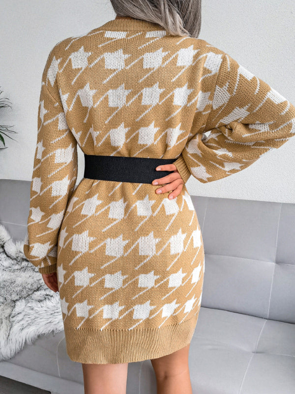 Women's leisure Lantern Sleeve thousand bird lattice knitted wool dress Shello's Creative Boutique