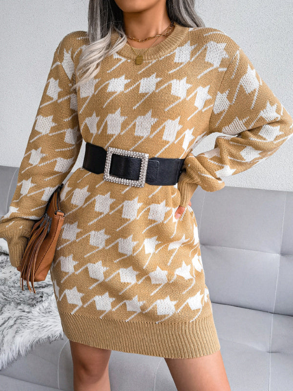 Women's leisure Lantern Sleeve thousand bird lattice knitted wool dress Shello's Creative Boutique