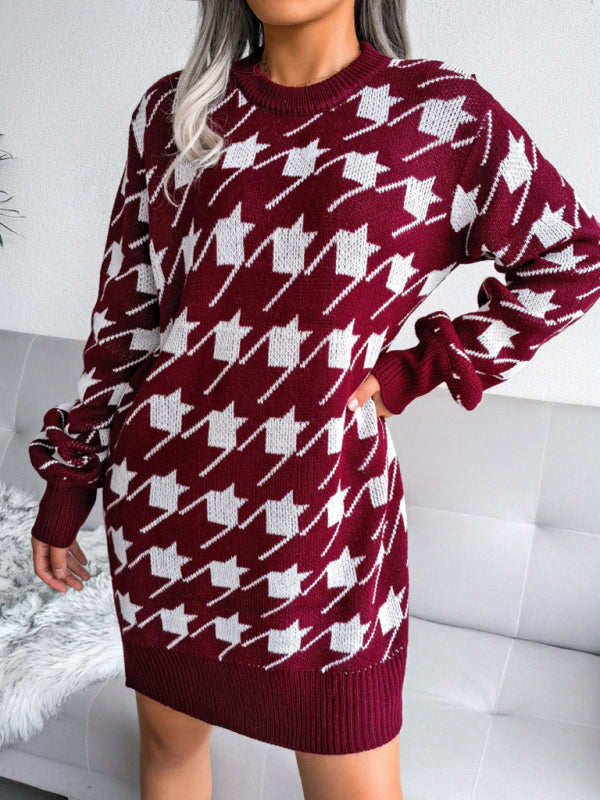 Women's leisure Lantern Sleeve thousand bird lattice knitted wool dress Shello's Creative Boutique