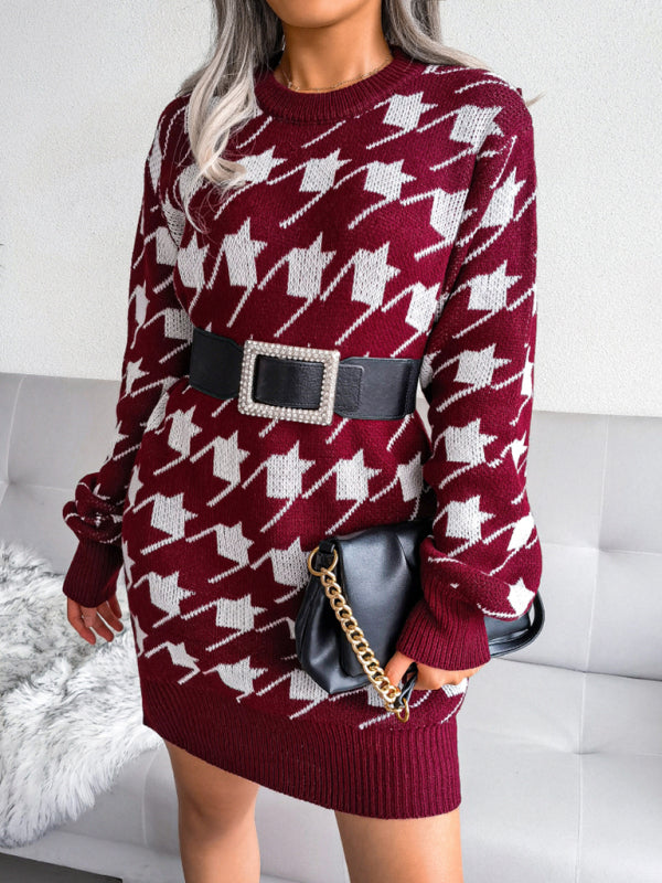 Women's leisure Lantern Sleeve thousand bird lattice knitted wool dress Shello's Creative Boutique