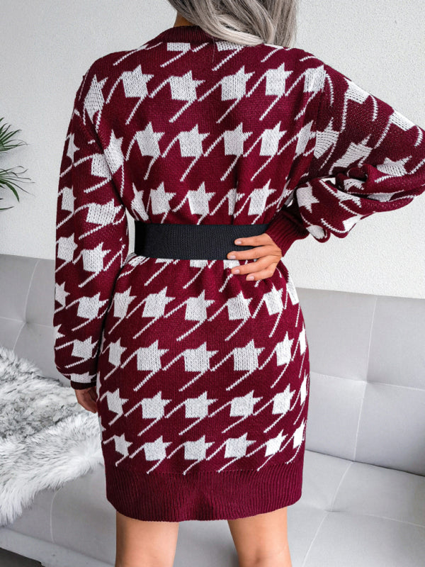 Women's leisure Lantern Sleeve thousand bird lattice knitted wool dress Shello's Creative Boutique