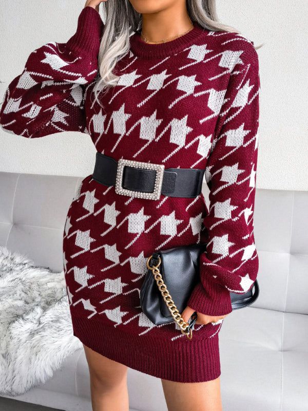 Women's leisure Lantern Sleeve thousand bird lattice knitted wool dress Shello's Creative Boutique