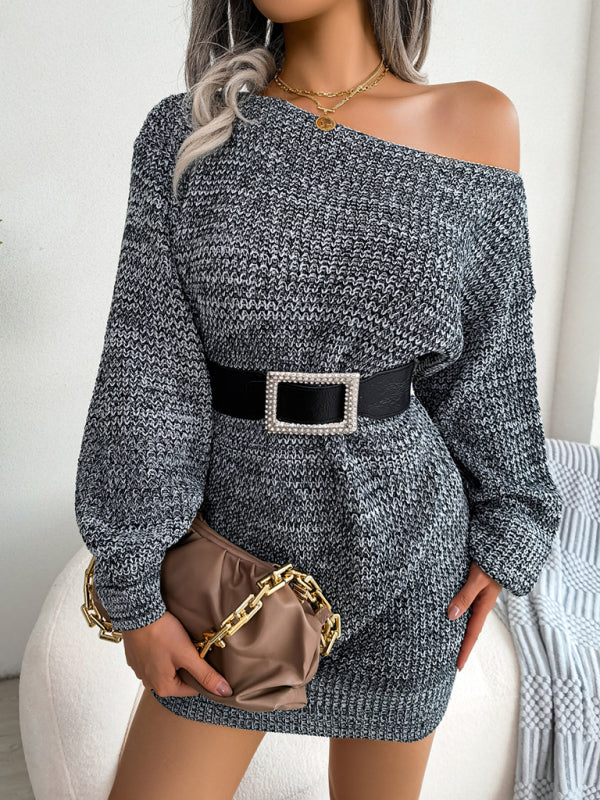 Women's straight neck off shoulder colorful lantern sleeve knitted wool dress Shello's Creative Boutique