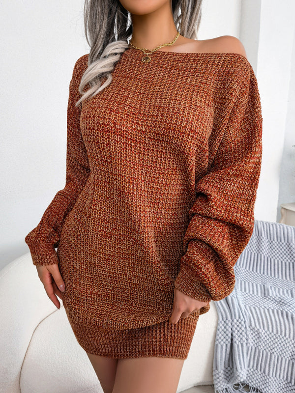 Women's straight neck off shoulder colorful lantern sleeve knitted wool dress Shello's Creative Boutique