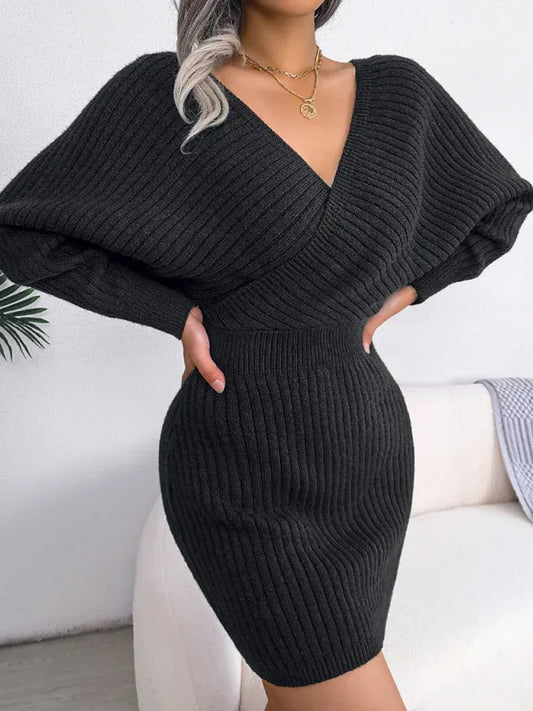 Women's Wool Dress - Cross V-Neck Bat Sleeve Bag Buttock Style - Shello's Creative Boutique