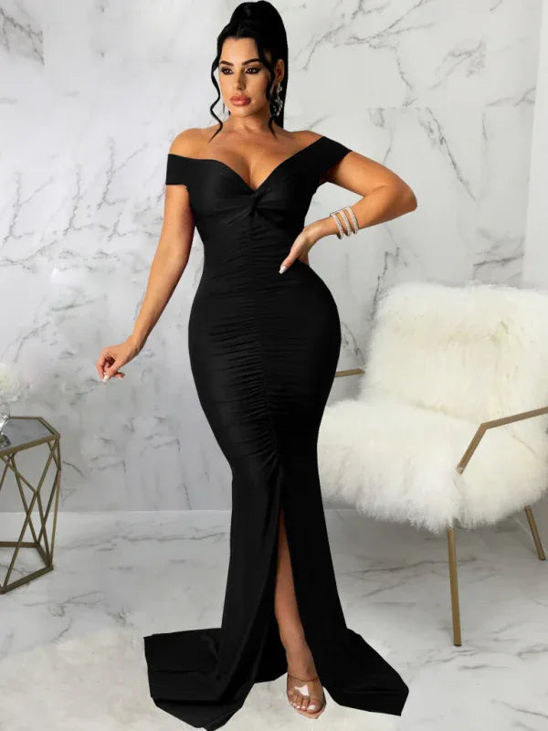 Women's V Neck Ruched Dress - Solid Colour Skinny Big Style - Shello's Creative Boutique