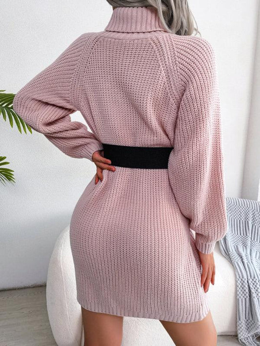 Women's Casual Button High Neck Long Sleeve Bottomed Fur Dress - Shello's Creative Boutique