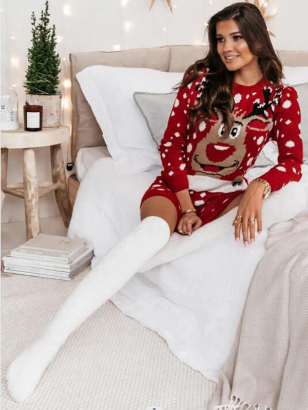 Women's Christmas Elk Jacquard Sweater Long Sleeve Dress Shello's Creative Boutique