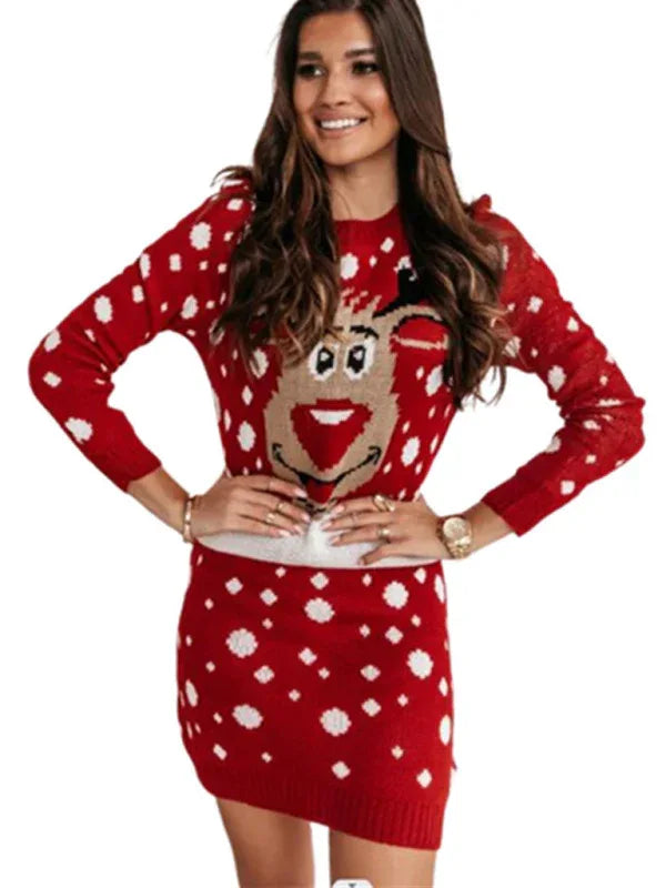 Women's Christmas Sweater Dress with Elk Jacquard Long Sleeves for Holiday Festivities - Shello's Creative Boutique