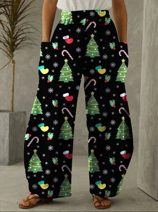 Women’s Christmas Gnome Print Wide Leg Pants – Festive Flair Meets Cozy Comfort - Shello's Creative Boutique