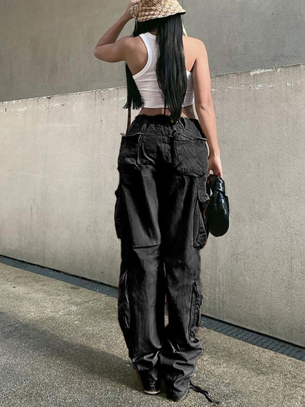 Women's Straight High Waist Loose Wide Leg Retro Daddy Cargo Pants Shello's Creative Boutique