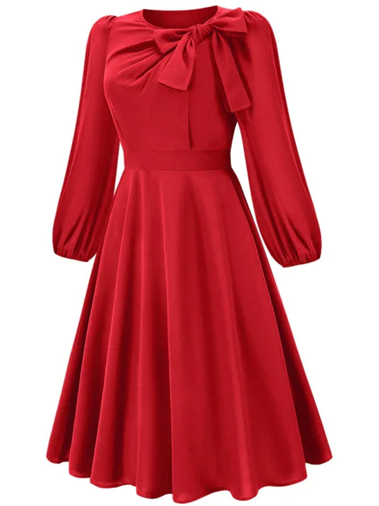 Women's A-Line Mid-Length Dress with Round Neck and Bow - Timeless Elegance - Shello's Creative Boutique